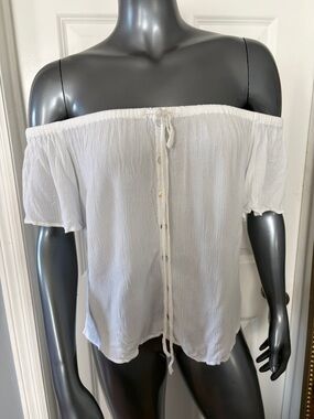 EXPRESS White Crinkle Tie-Front Off the Shoulder Peasant Blouse